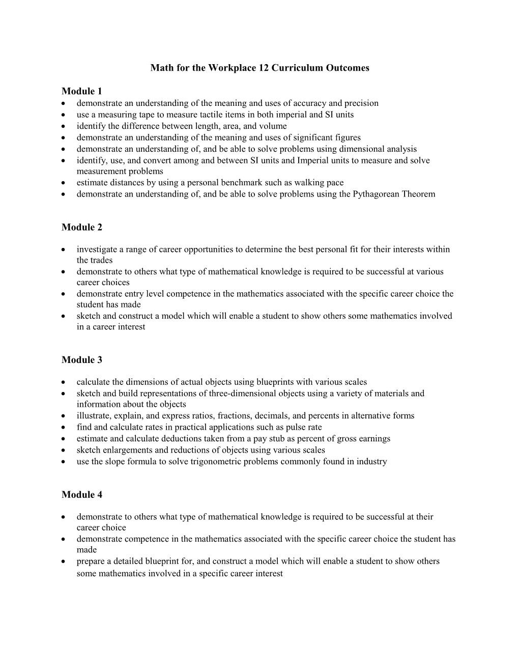 Math for the Workplace 12 Curriculum Outcomes