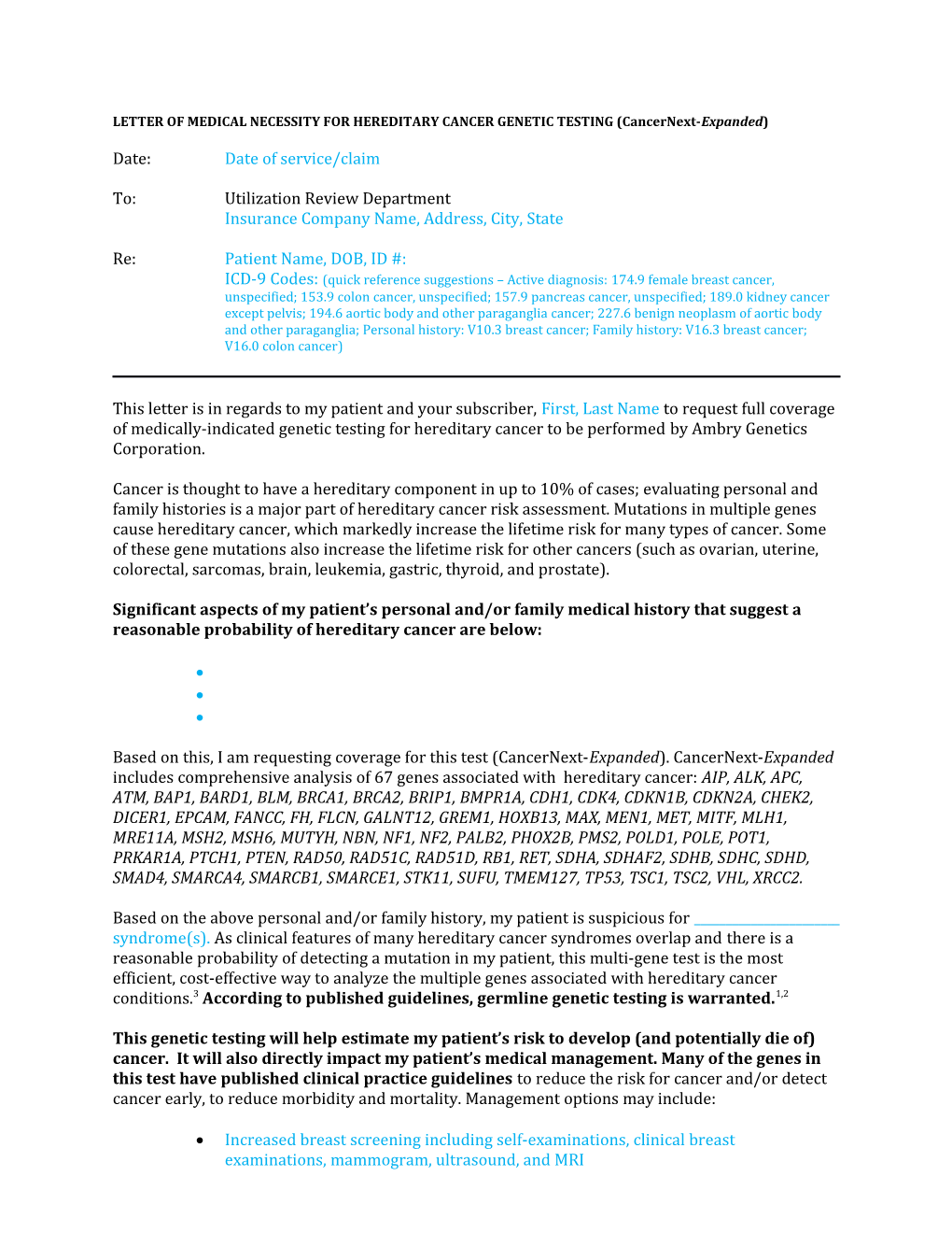 LETTER of MEDICAL NECESSITY for HEREDITARY CANCER GENETIC TESTING (Cancernext-Expanded)