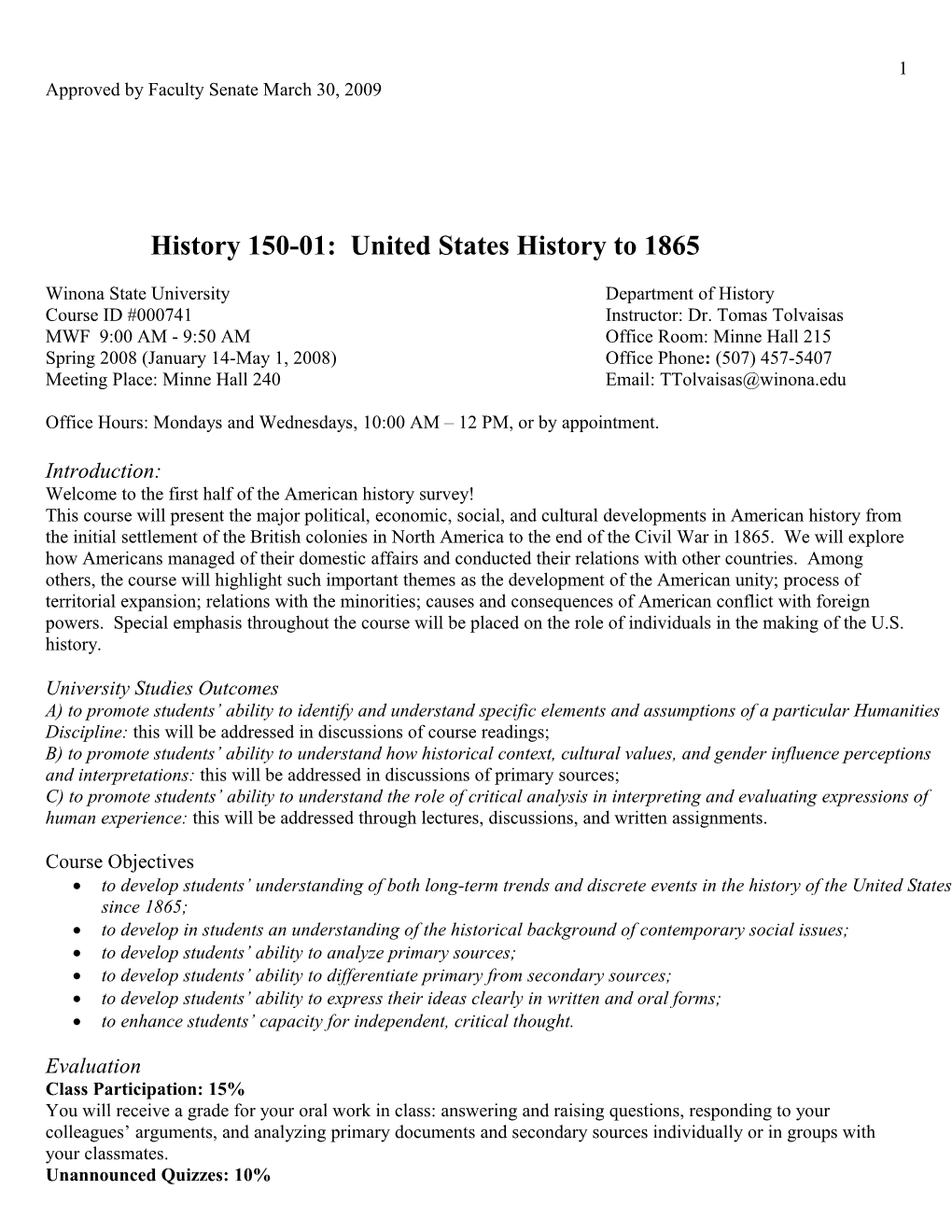 History 150-01: United States History to 1865