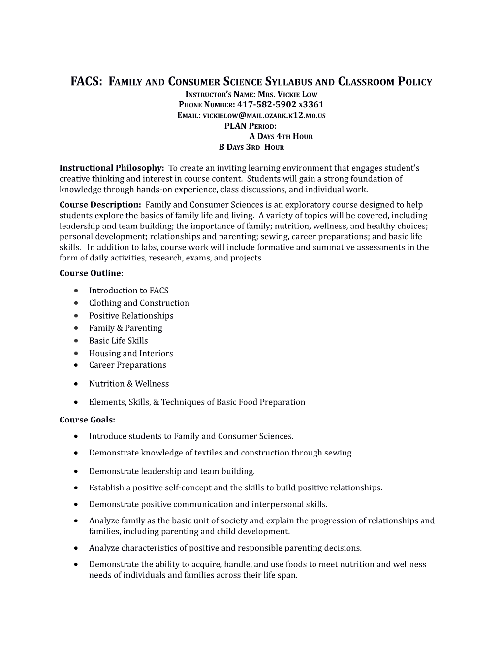 FACS: Family and Consumer Science Syllabus and Classroom Policy