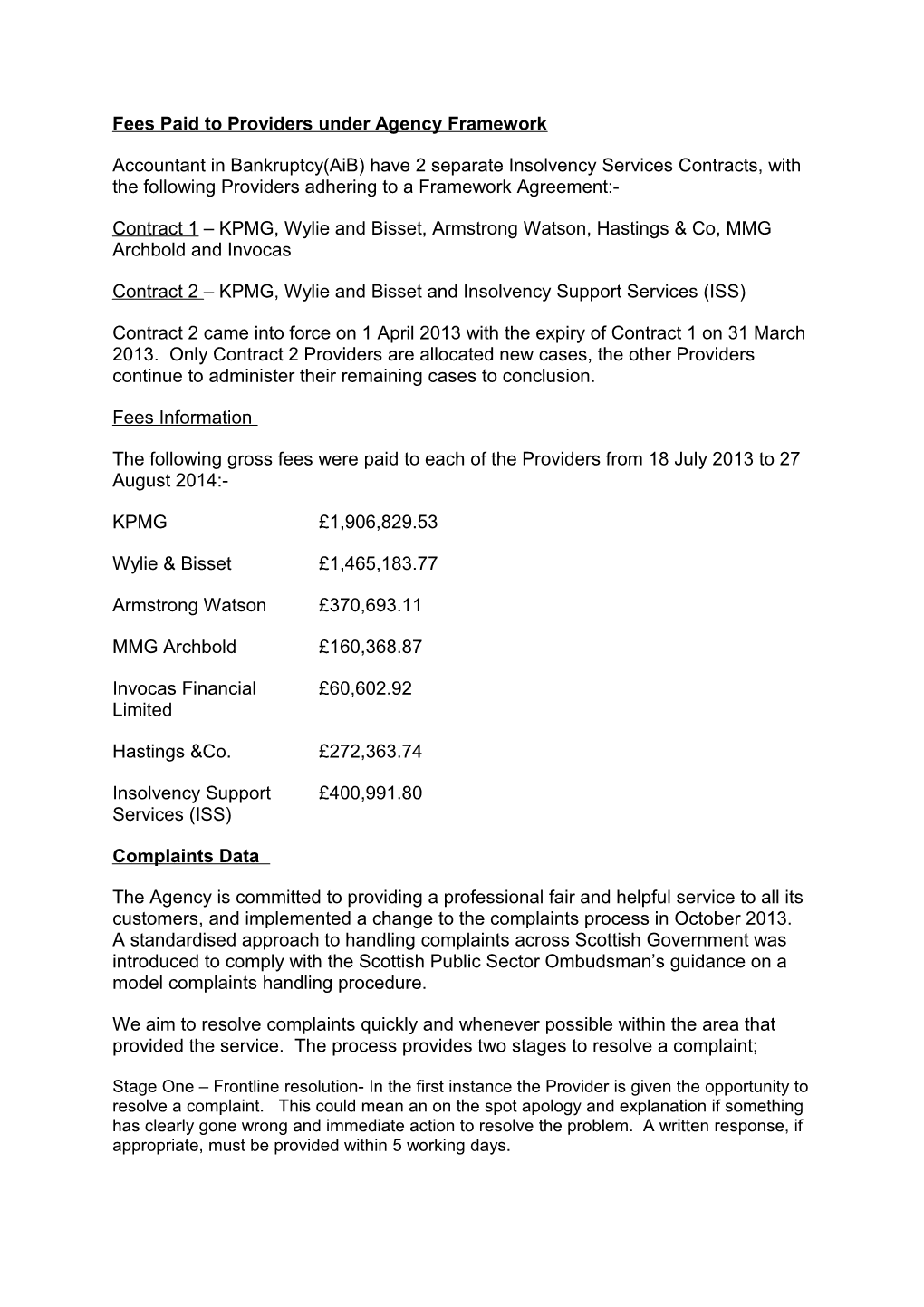 Fees Paid to Providers Under Agency Framework