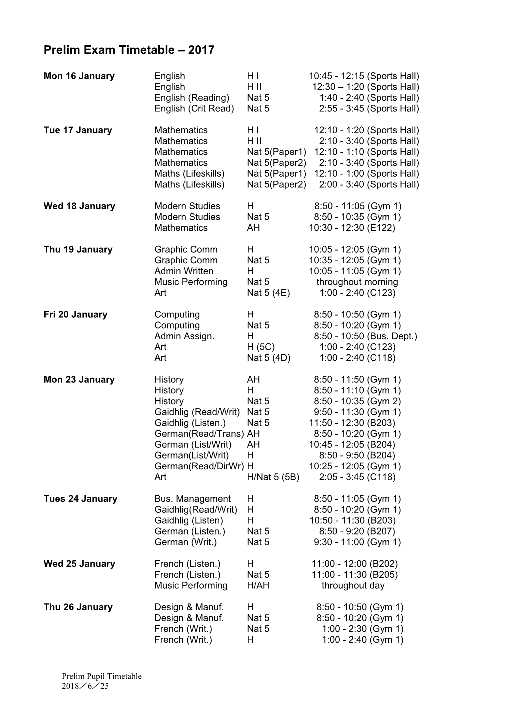 S3 Exams - Draft Timetable