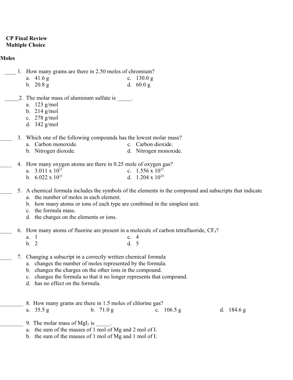 ____ 1. How Many Grams Are There in 2.50 Moles of Chromium?