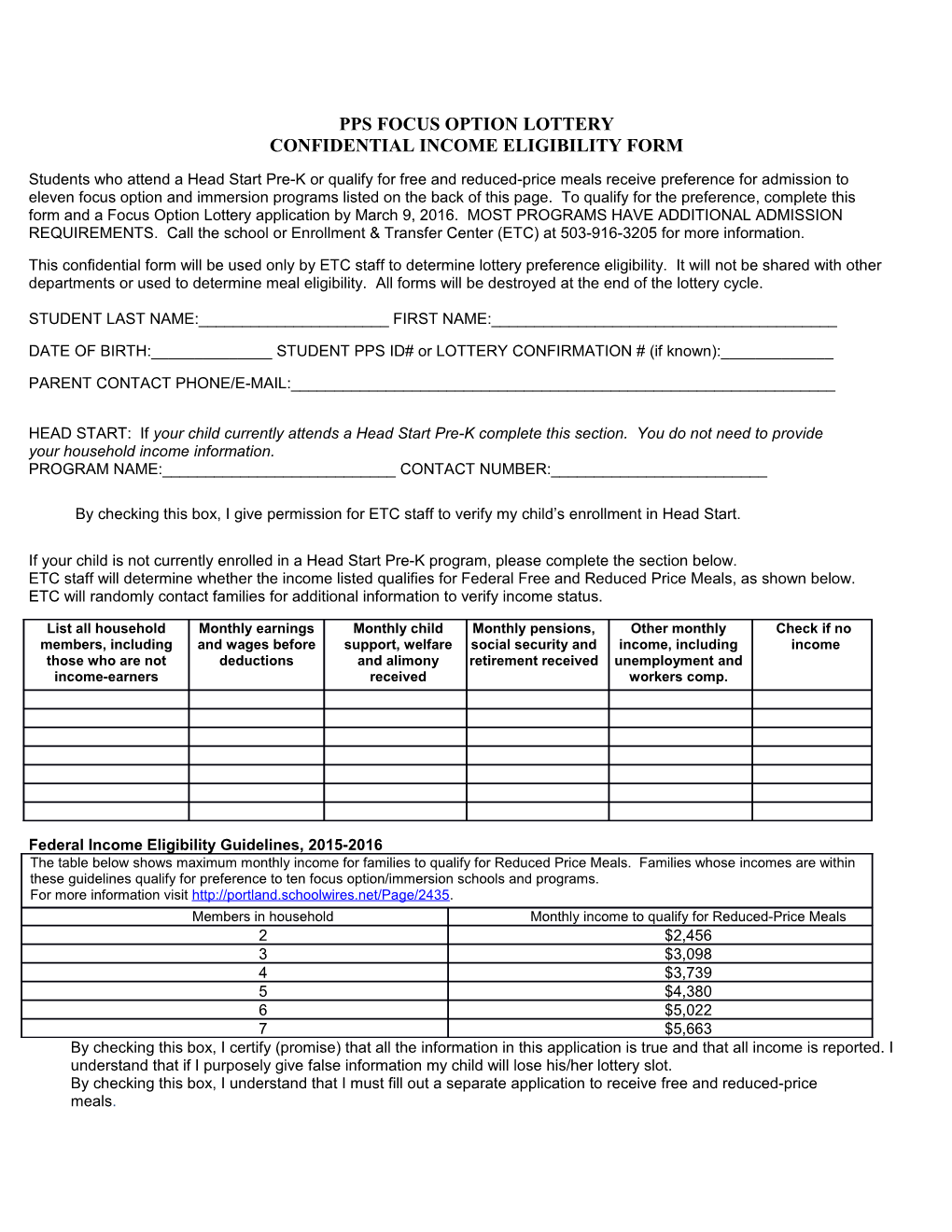 Pps Focus Option Lottery Confidential Income Eligibility Form