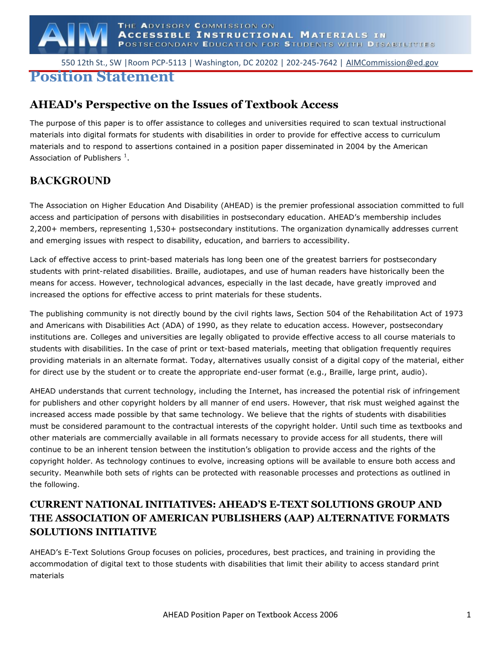 Position Paper: AHEAD's Perspective on the Issues of Textbook Access (MS Word)