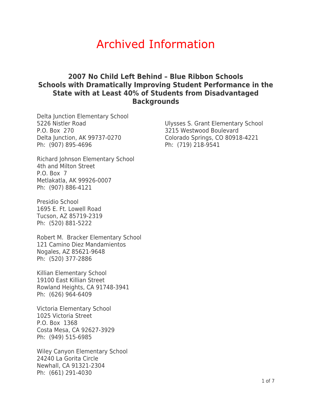 Archived: 2007 NCLB-Blue Ribbon Schools: Schools with Dramatically Improving Student Performance