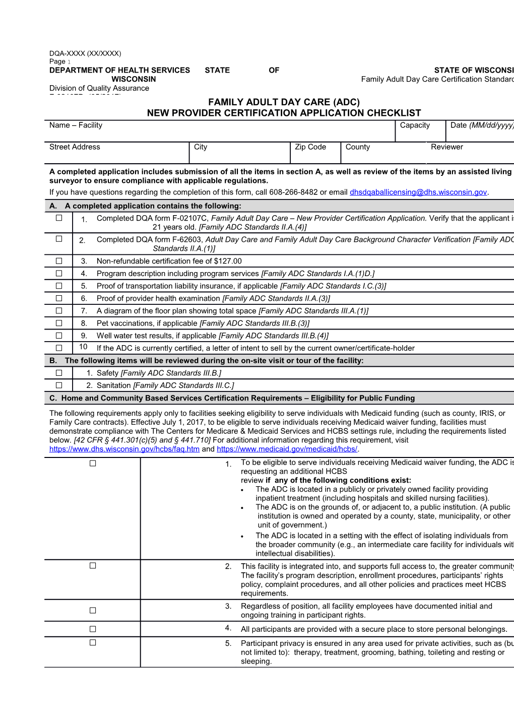 Family Adult Day Care - New Provider Certification Checklist, F-02107D