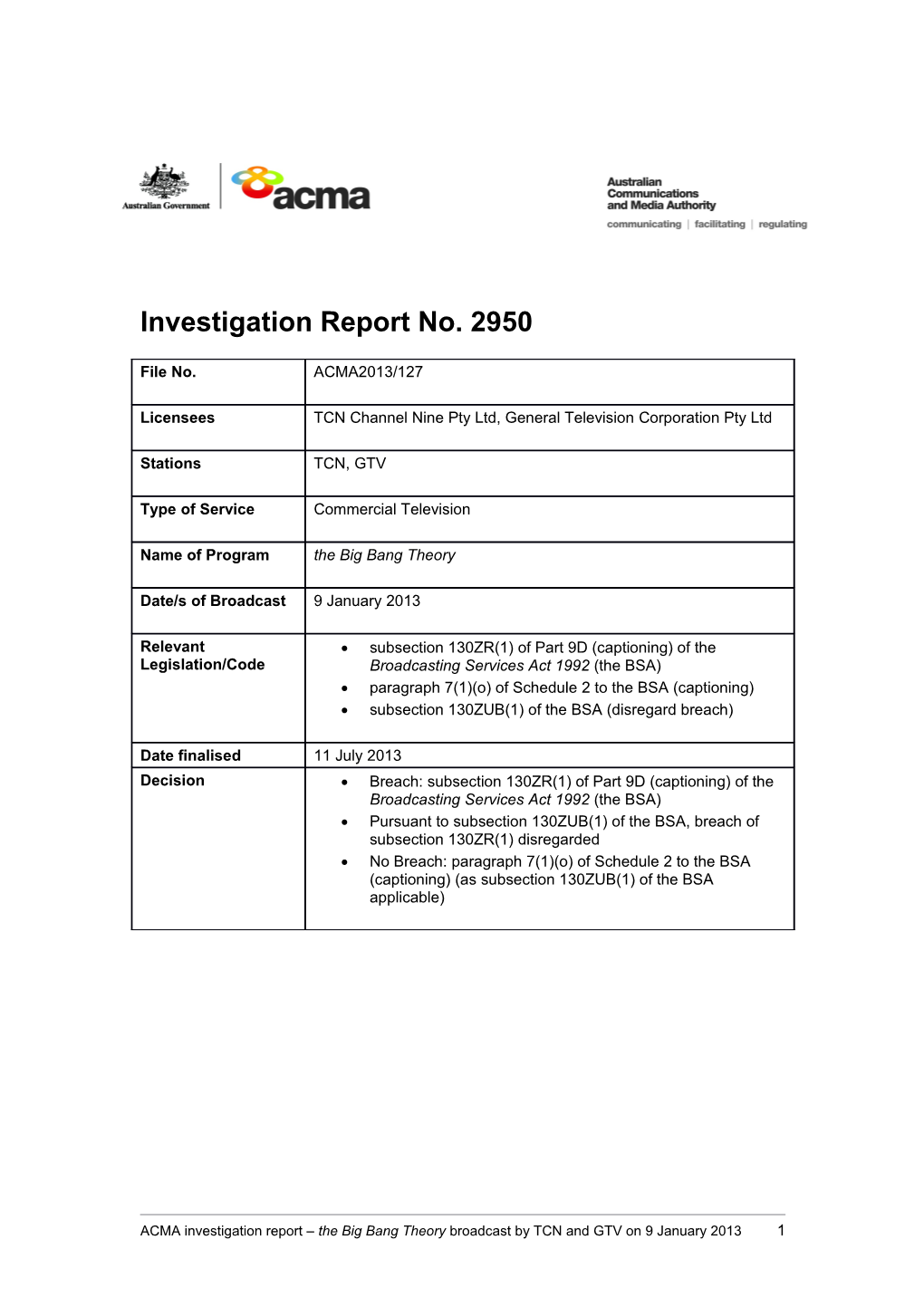 TCN & GTV 9 - ACMA Investigation Report 2950