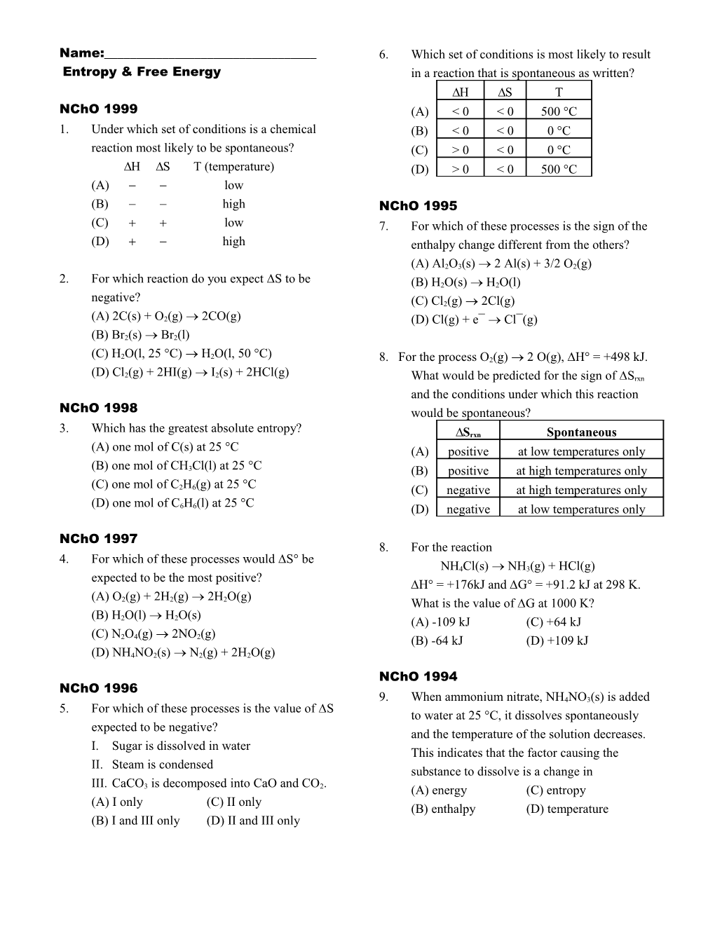 1. Under Which Set of Conditions Is a Chemical Reaction Most Likely to Be Spontaneous?