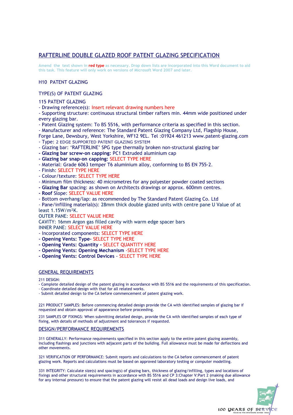 H10 Specification Sheet - Standard Patent Glazing Co. Ltd