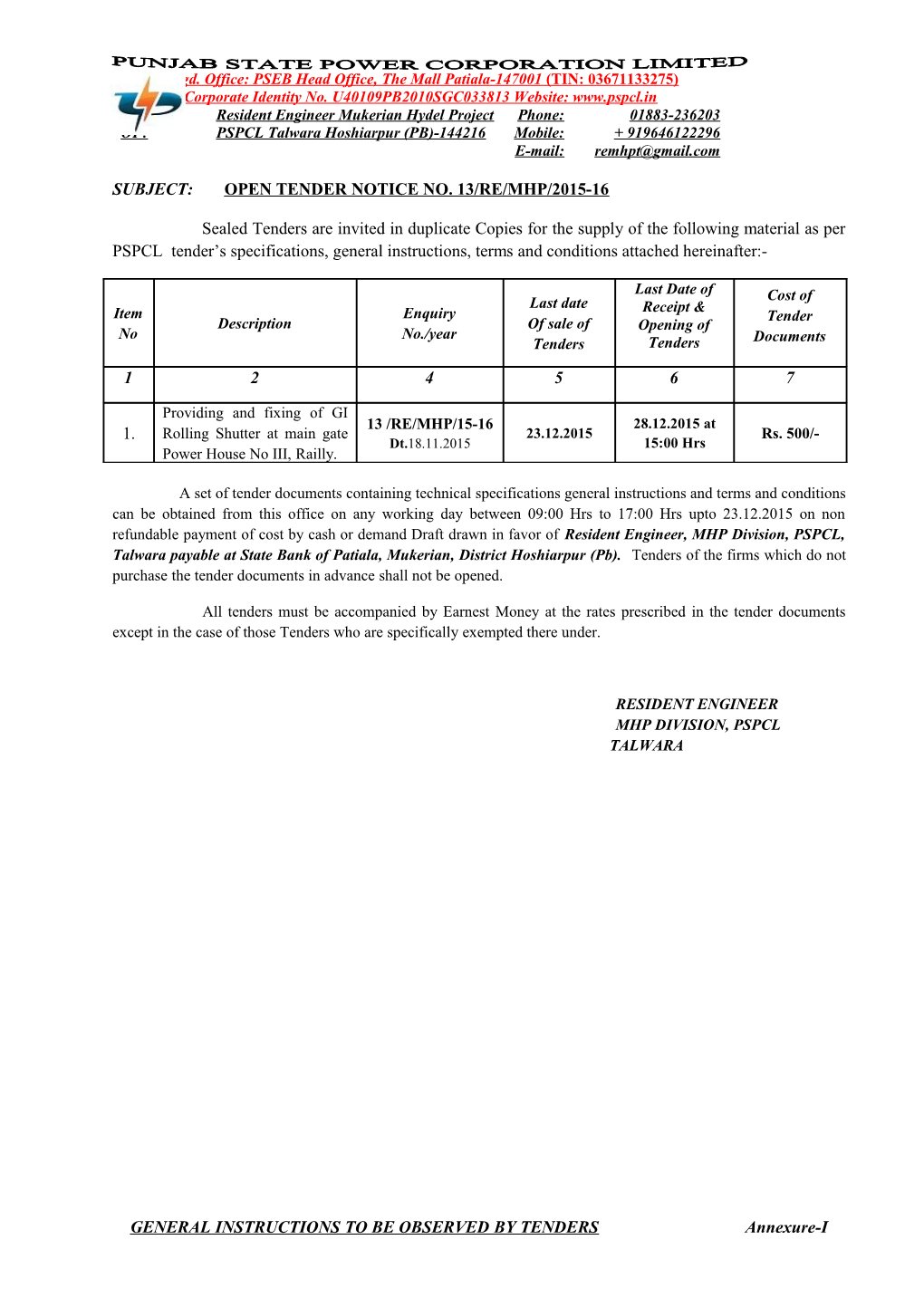 Subject: Open Tender Notice No. 13/Re/Mhp/2015-16