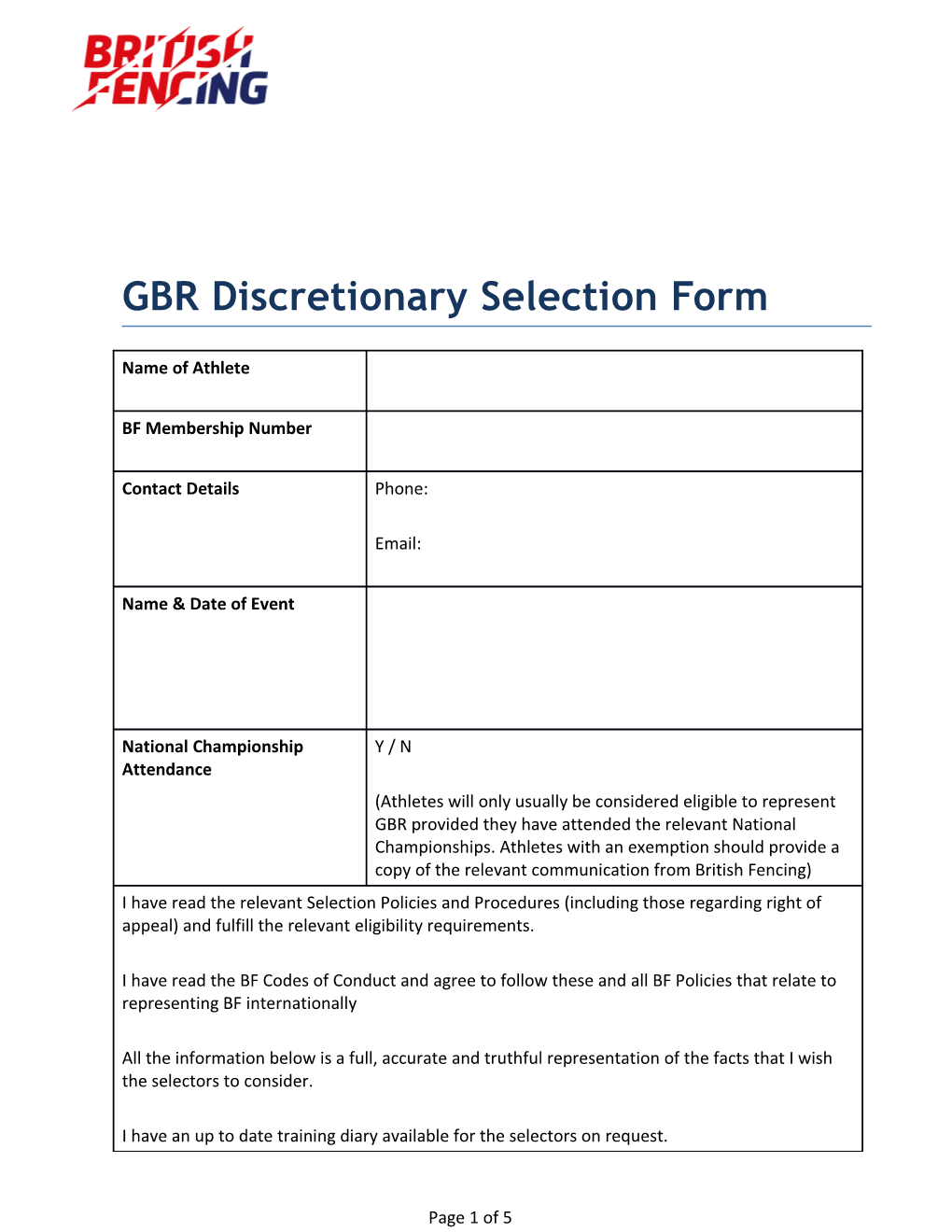 GBR Discretionary Selection Form