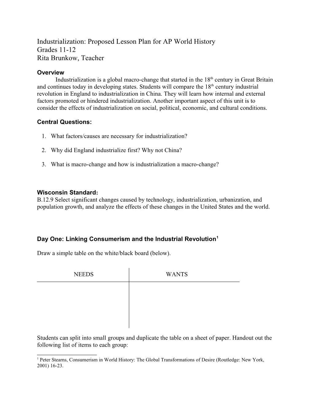 Industrialization: Proposed Lesson Plan for AP World History