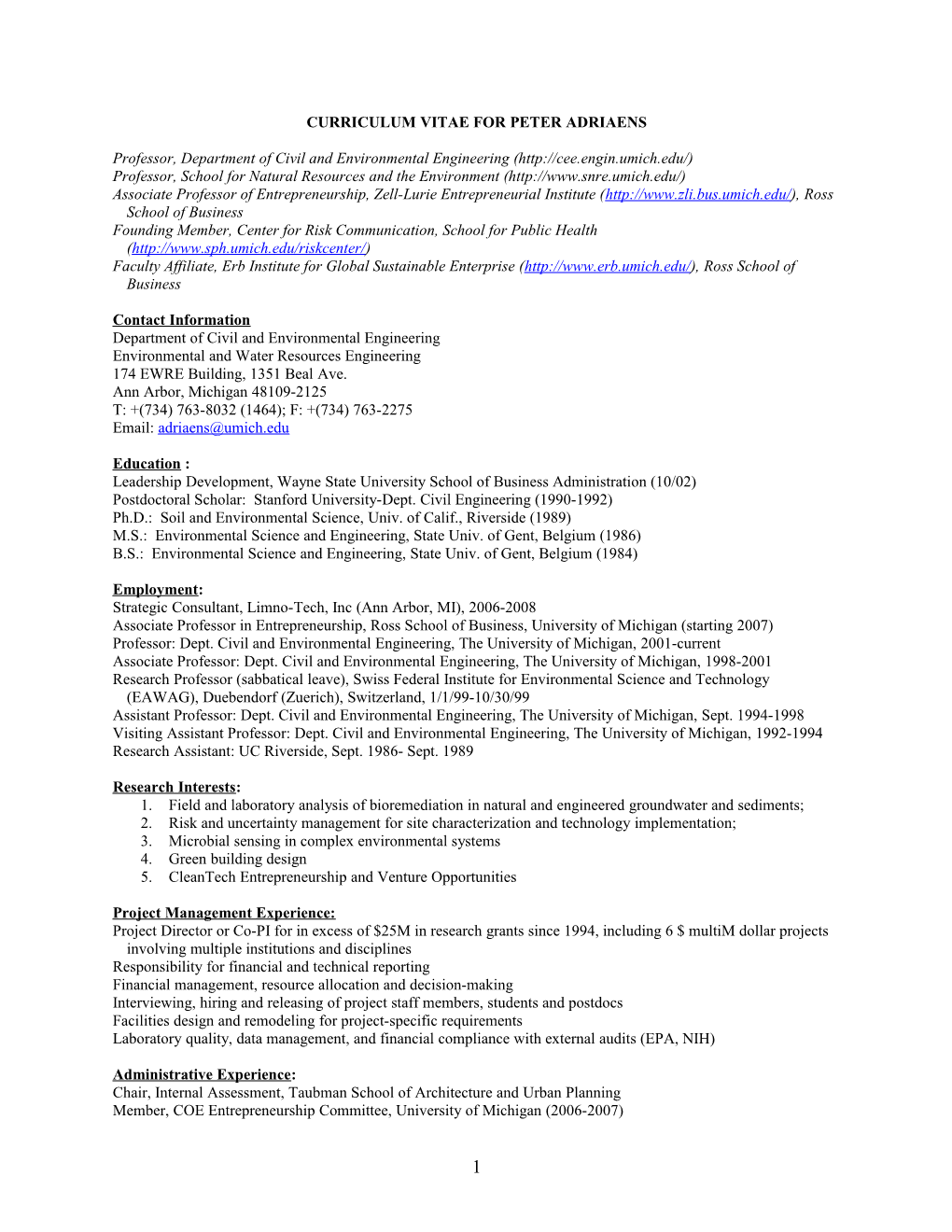 Curriculum Vitae for Peter Adriaens