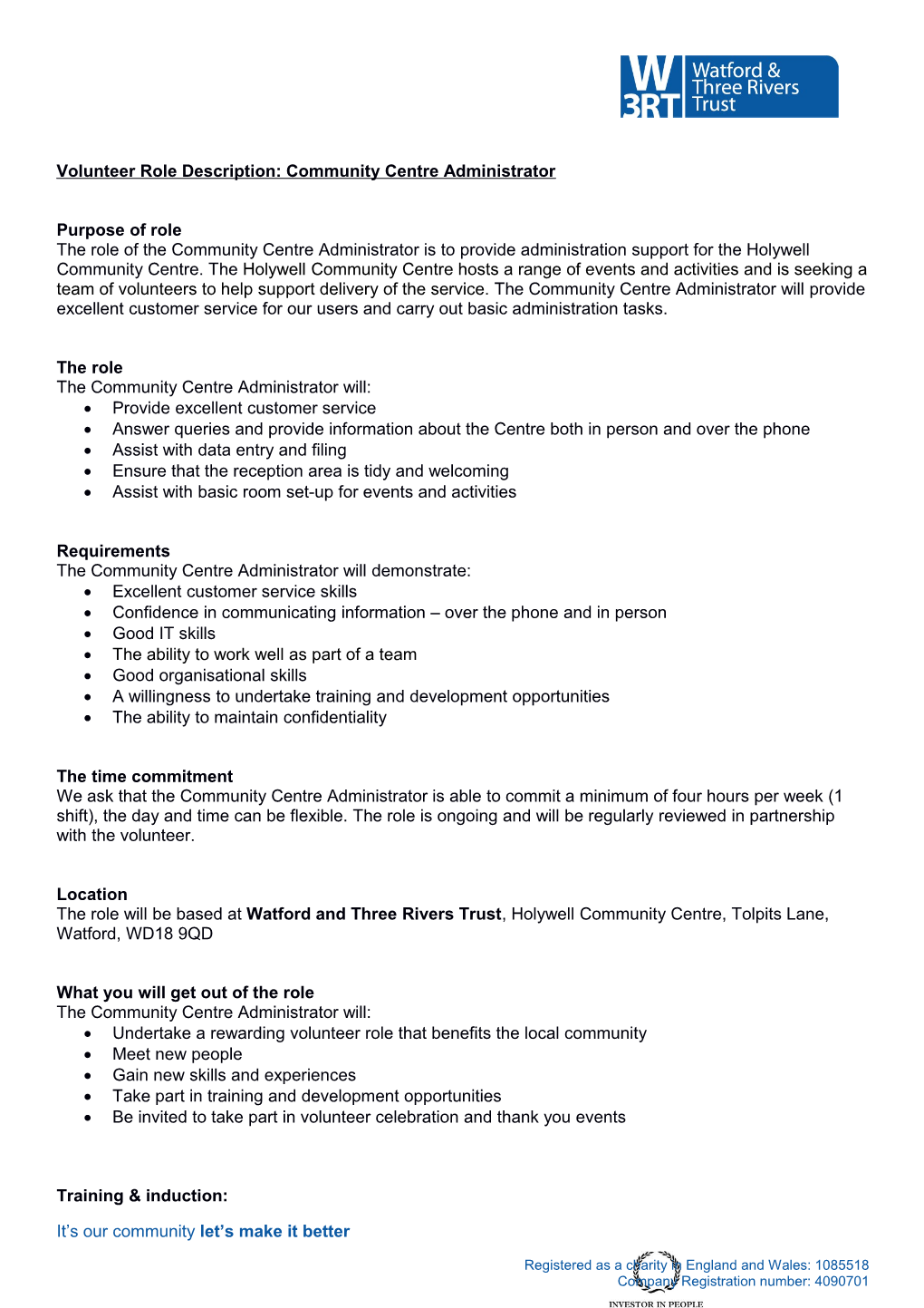 Volunteer Role Description: Community Centre Administrator