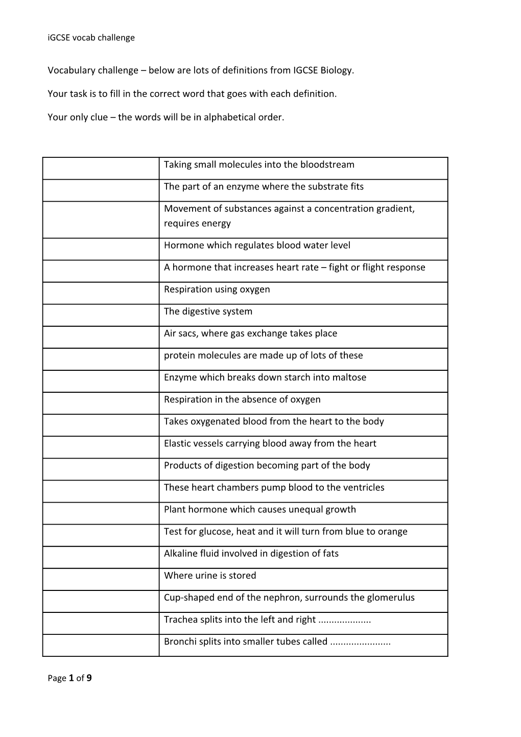 Vocabulary Challenge Below Are Lots of Definitions from IGCSE Biology