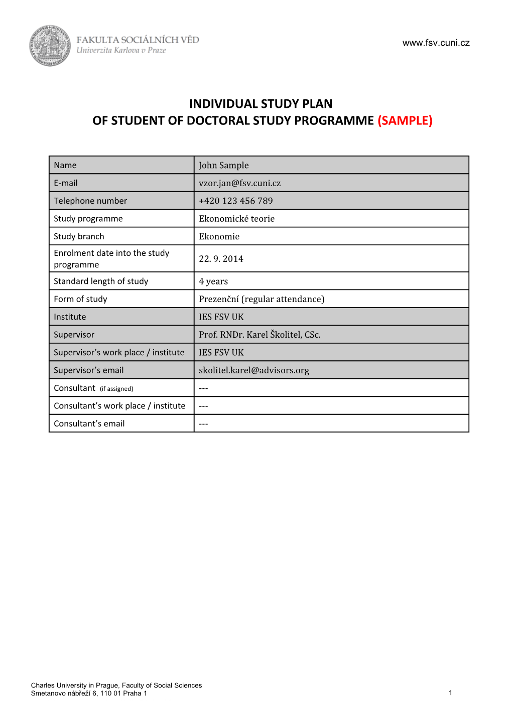 Of Student of Doctoral Study Programme (Sample)