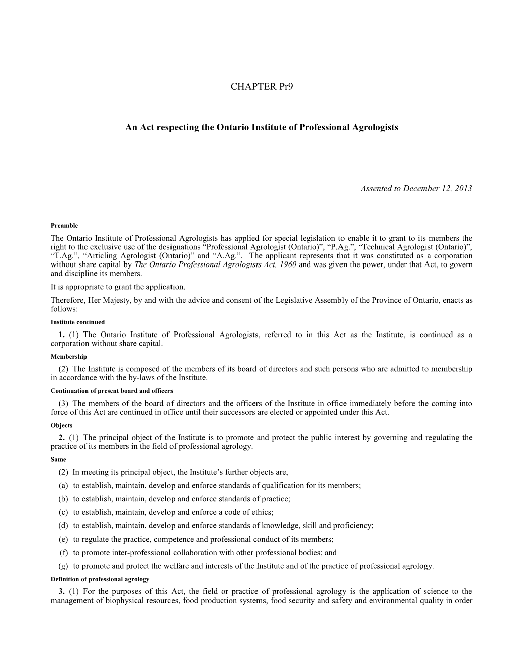 Ontario Institute of Professional Agrologists Act, 2013, S.O. 2013, C. Pr9 - Bill Pr15