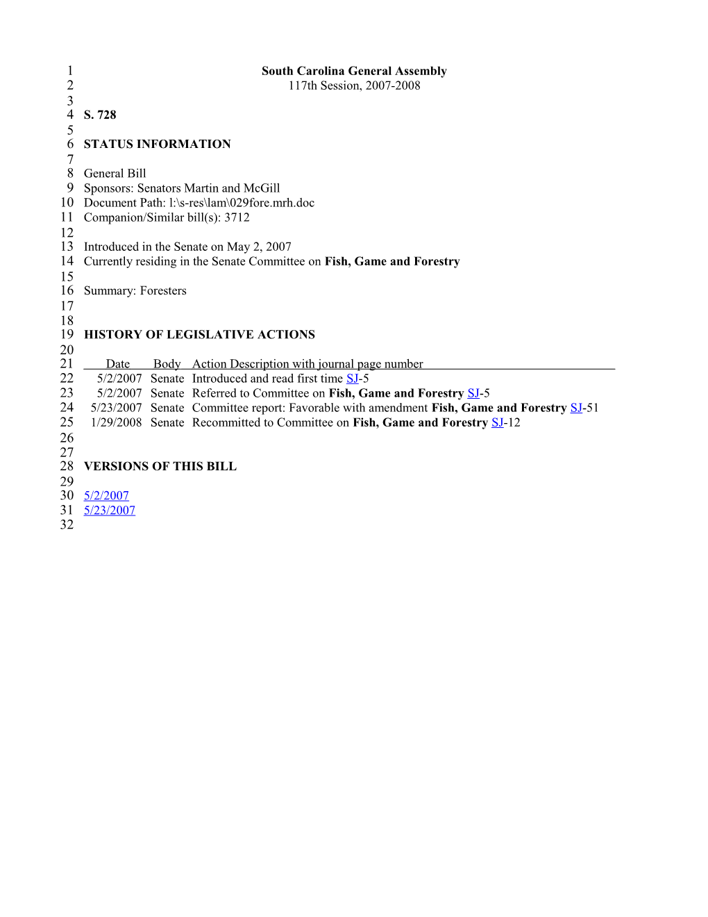 2007-2008 Bill 728: Foresters - South Carolina Legislature Online