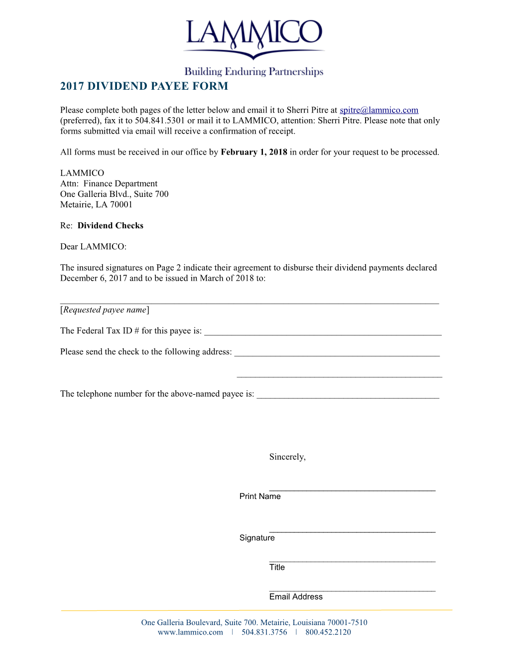 2017 Dividend Payee Form