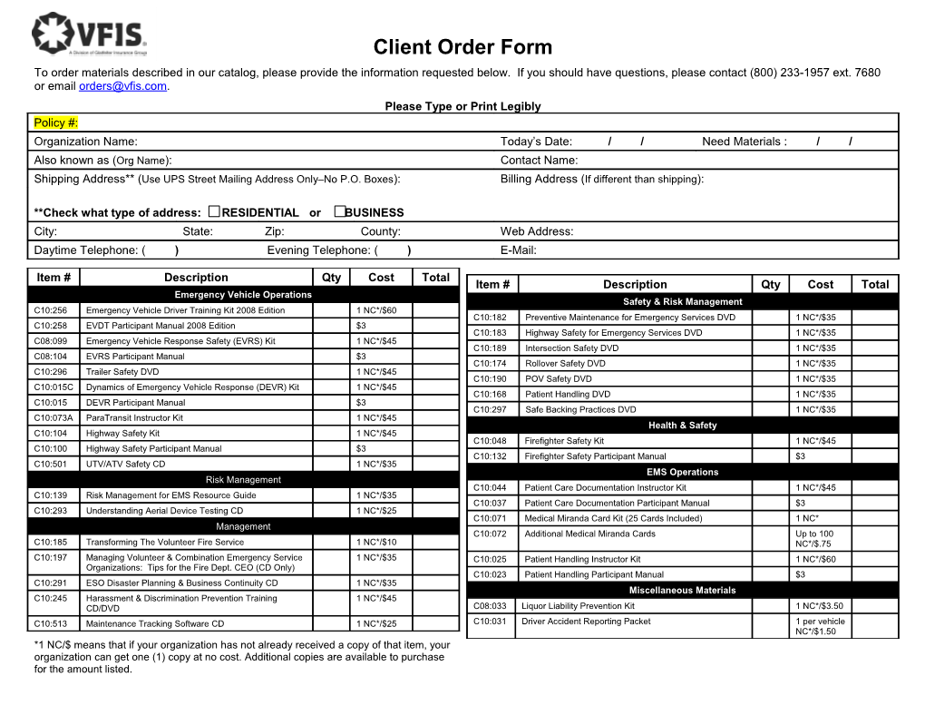 Client Order Form