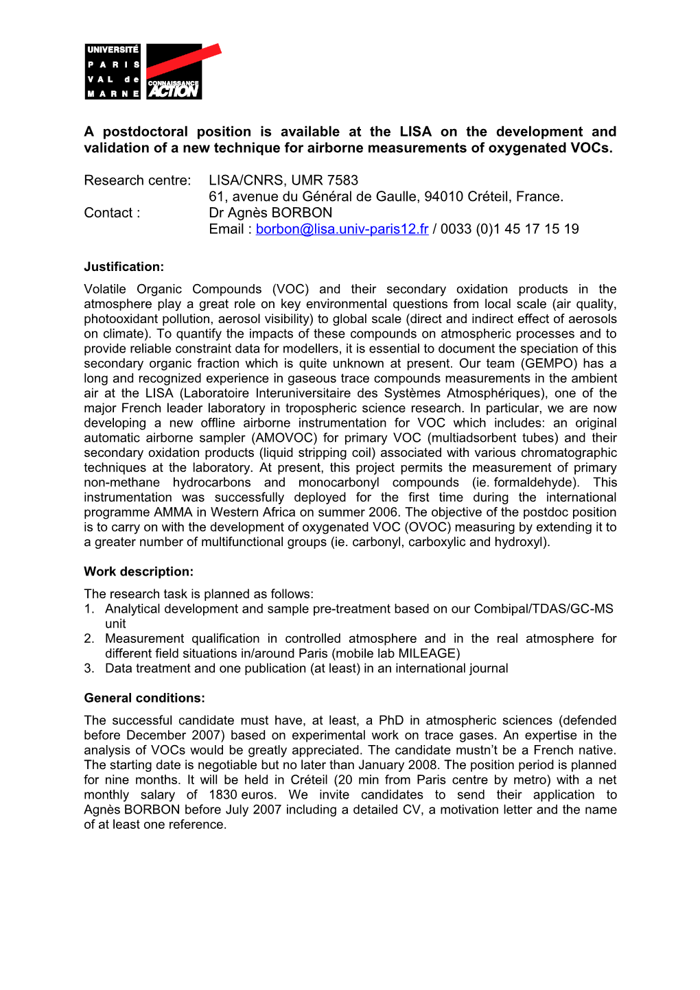 A Nine Month Postdoctoral Position Is Available in Analytical Chemistry of Atmospheric