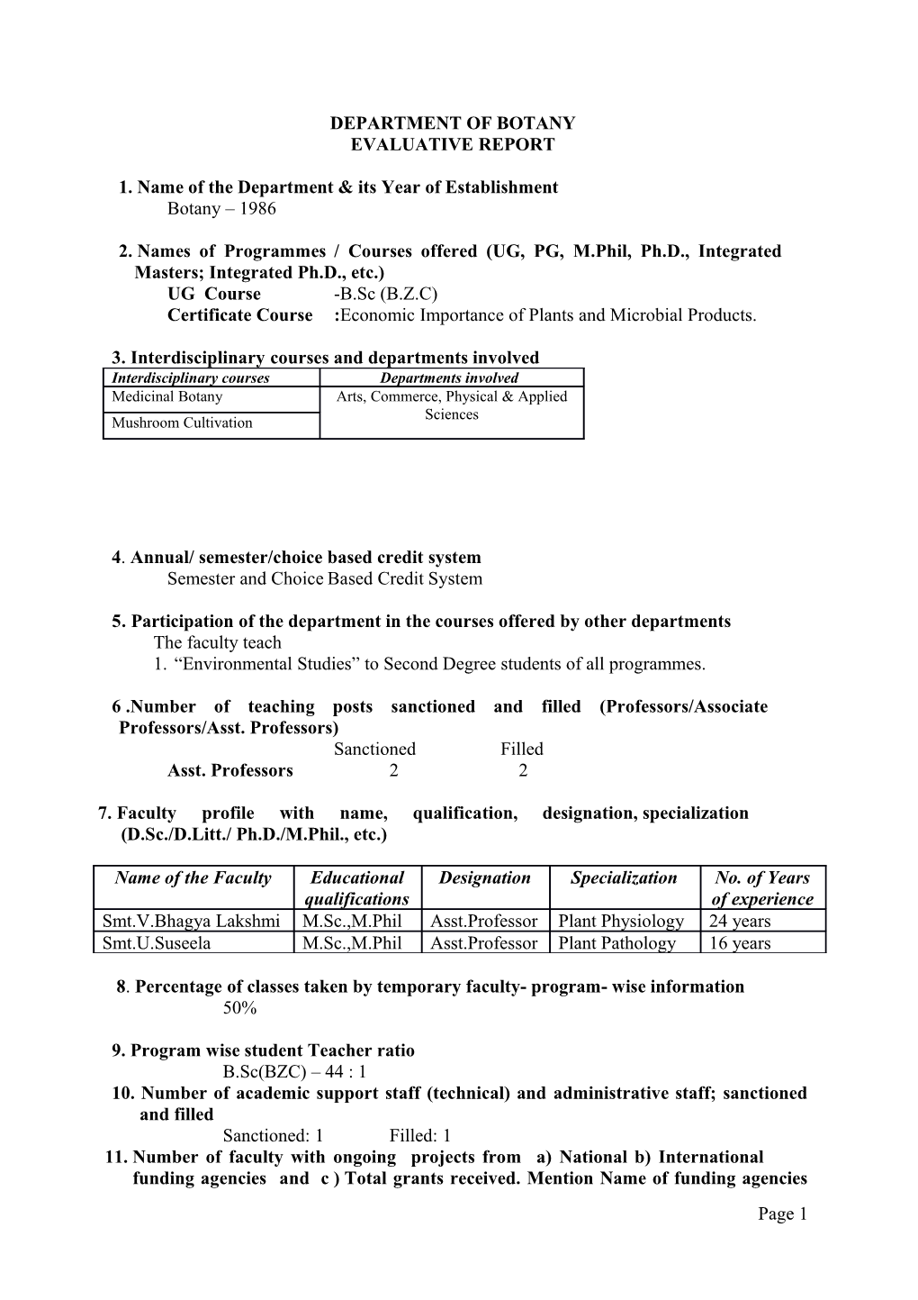 1. Name of the Department & Its Year of Establishment