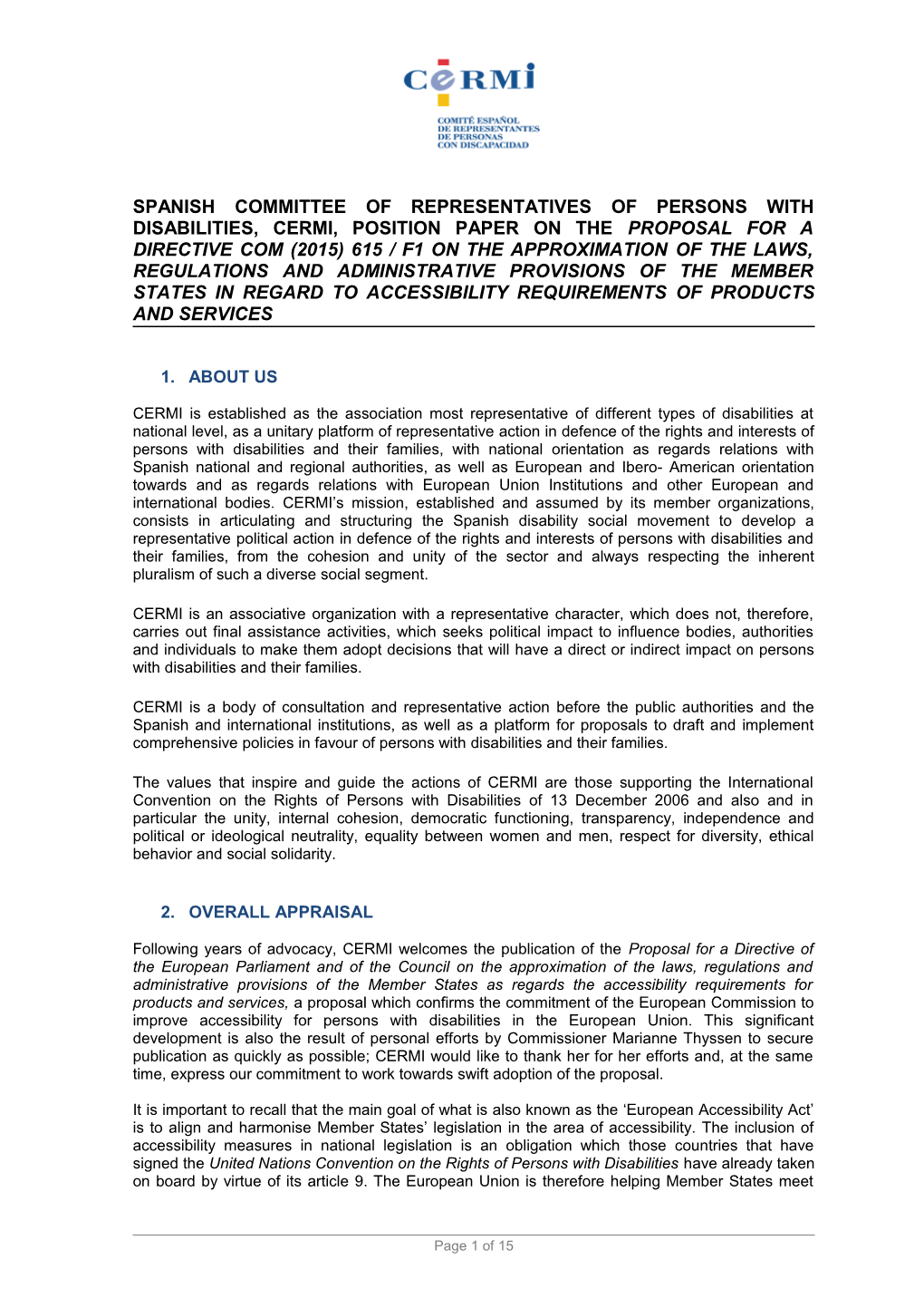 Spanish Committee of Representatives of Persons with Disabilities, Cermi, Position Paper