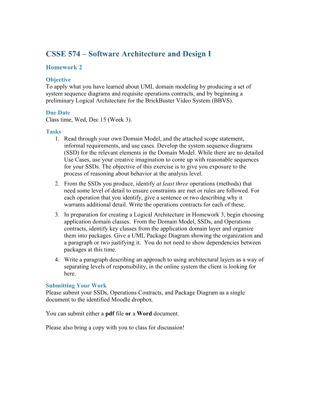 CSSE 574 Software Architecture and Design I