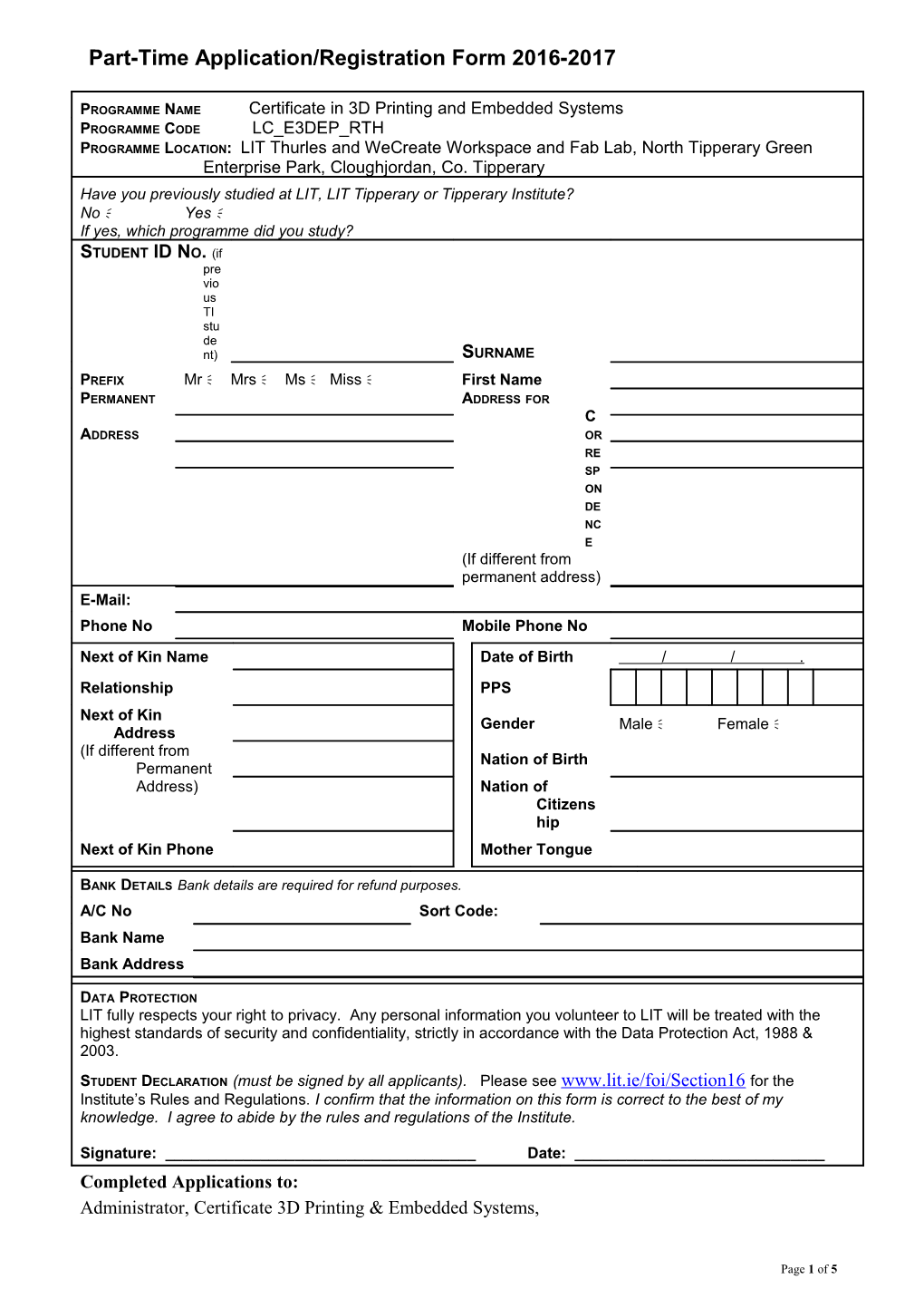 Part-Time Application/Registration Form 2010/11