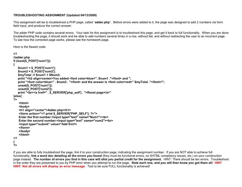 TROUBLESHOOTING ASSIGNMENT (Updated 04/13/2008)