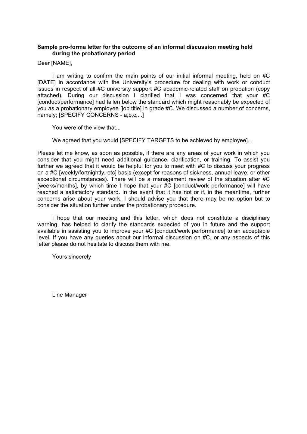 Sample Pro-Forma Letter for the Outcome of an Informal Discussion Meeting Held During The