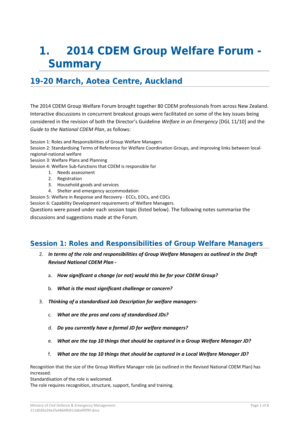 2014 CDEM Group Welfare Forum - Summary