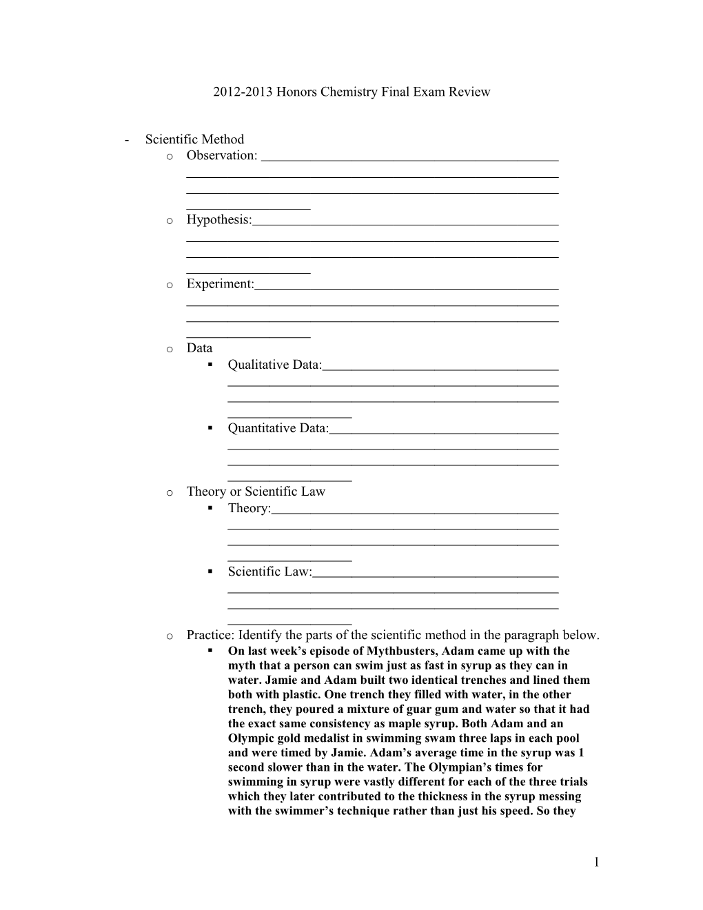 Spring 2009 Honors Chemistry Final Exam Review