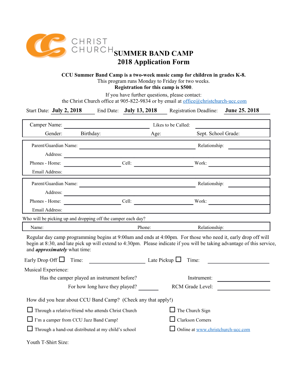 SUMMER BAND CAMP 2018 Application Form