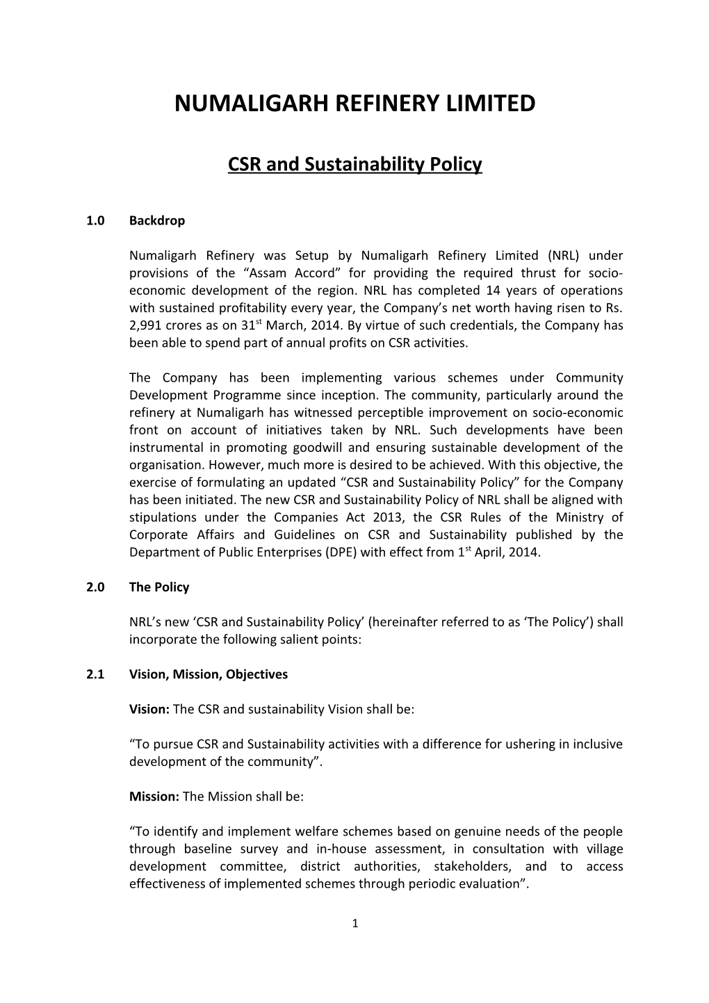 CSR and Sustainability Policy