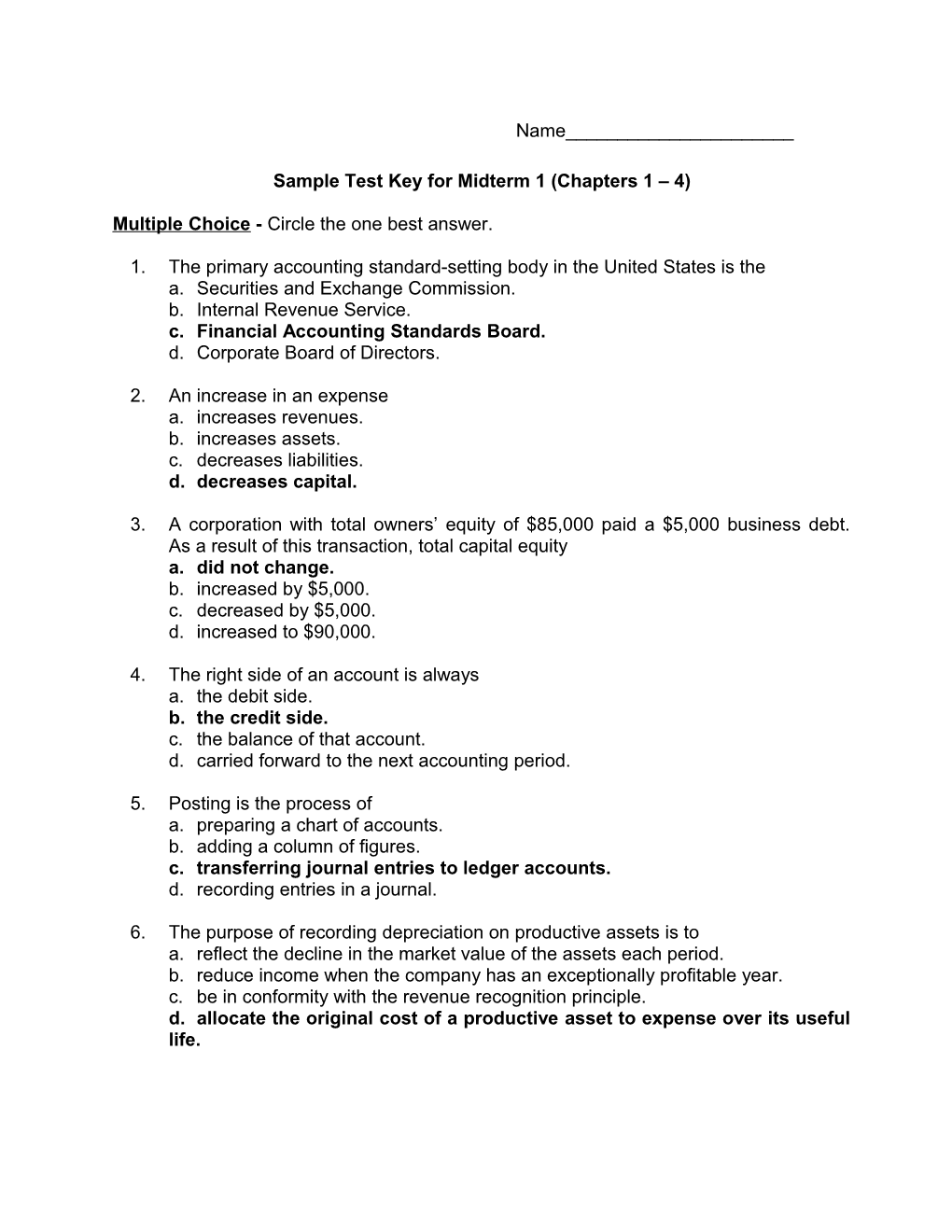Sample Test Key for Midterm 1 (Chapters 1 4)