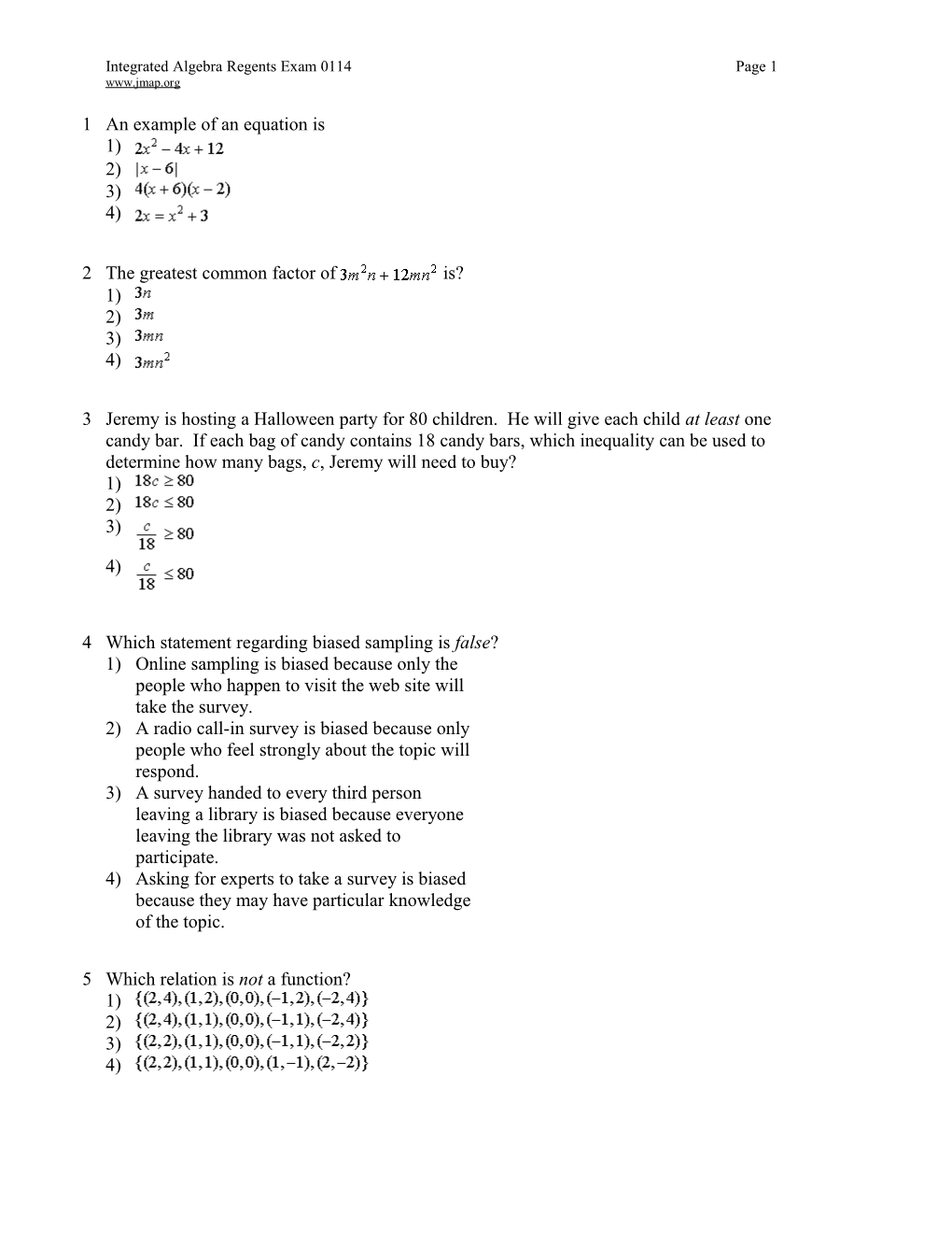 Integrated Algebra Regents Exam 0114Page 1