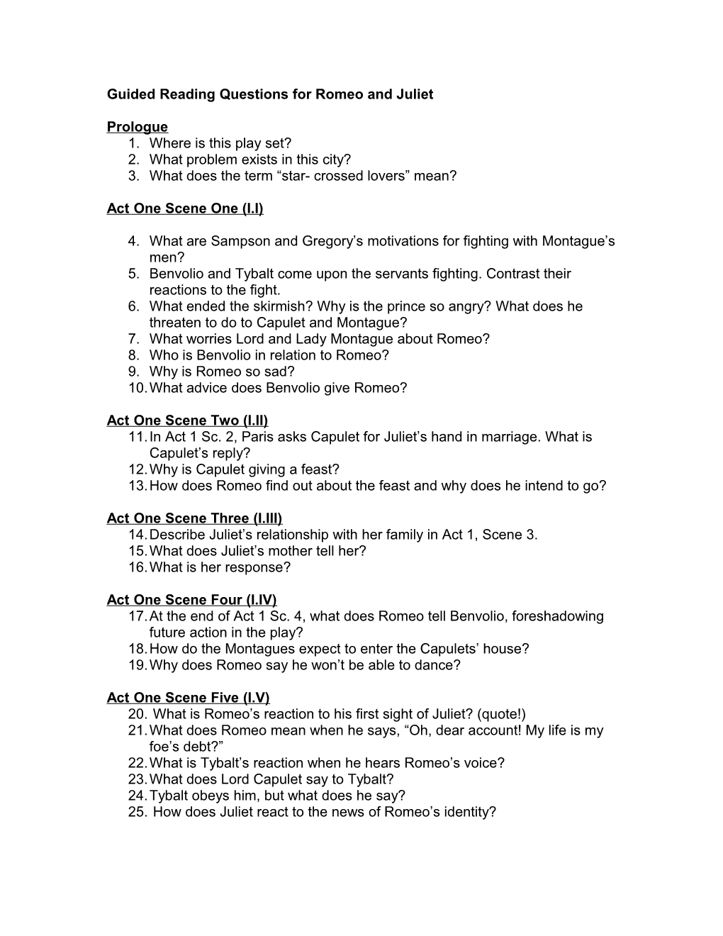 Guided Reading Questions for Romeo and Juliet