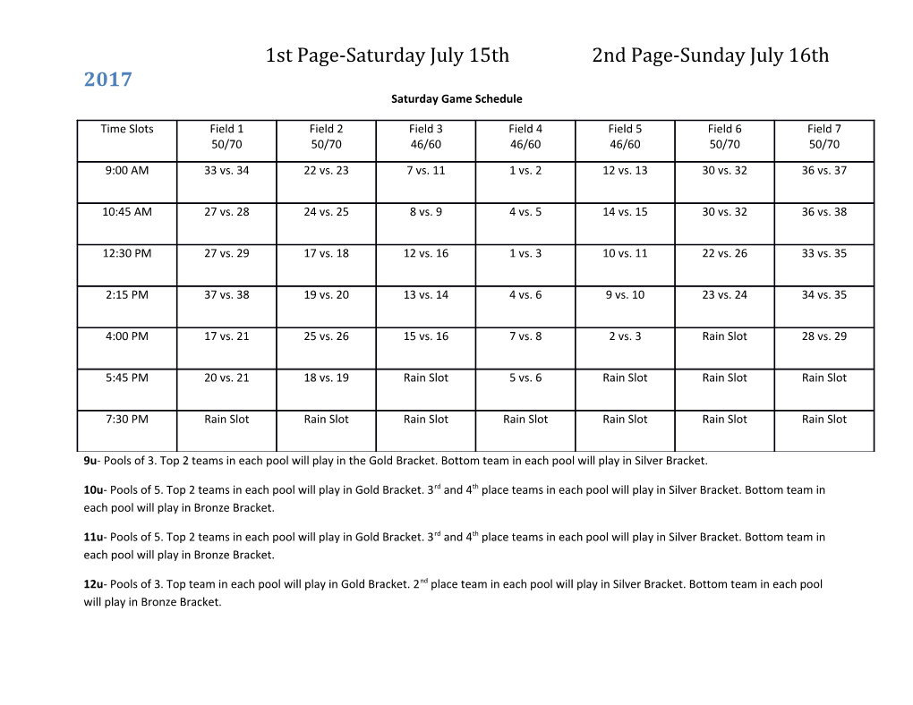 Saturday Game Schedule