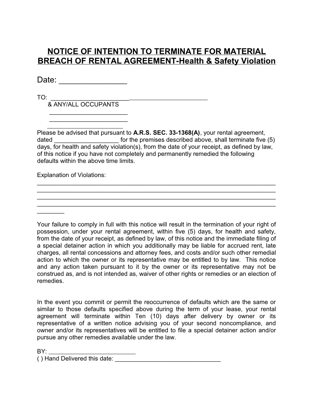 NOTICE of INTENTION to TERMINATE for MATERIAL BREACH of RENTAL AGREEMENT-Health & Safety