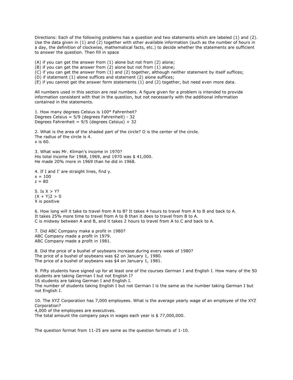 The Question Format from 11-25 Are Same As the Question Formatsof 1-10