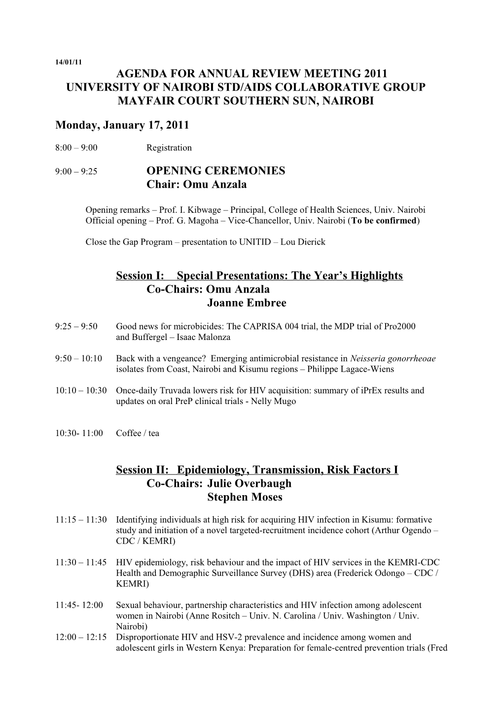 Agenda for Annual Review Meeting 2011