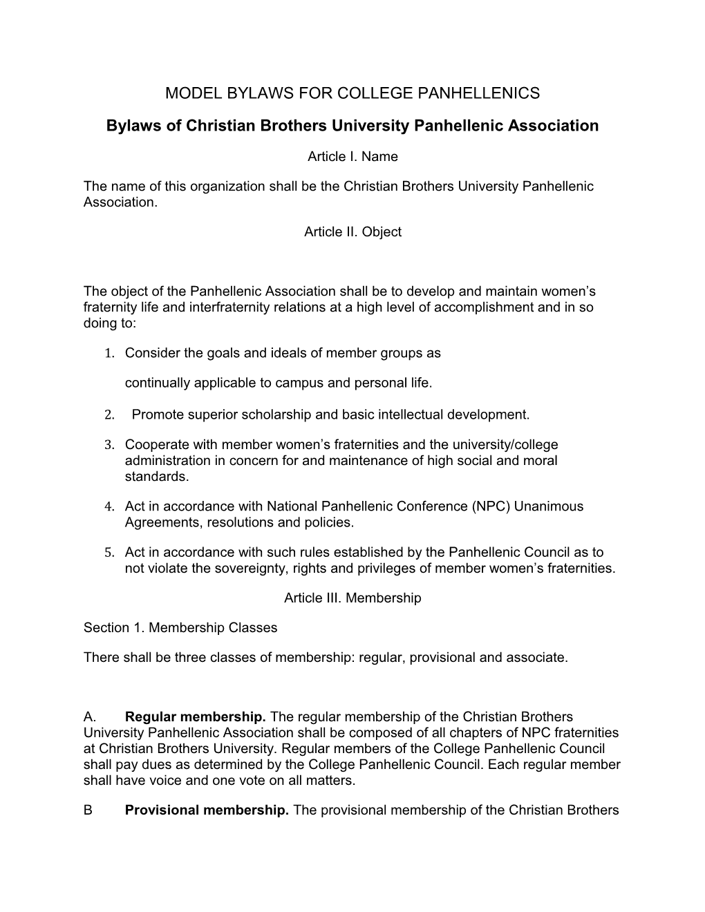 Bylaws of Christian Brothers University Panhellenic Association