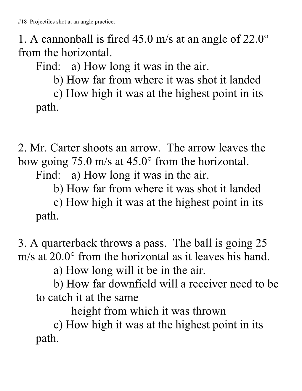 18 Projectiles Shot at an Angle Practice