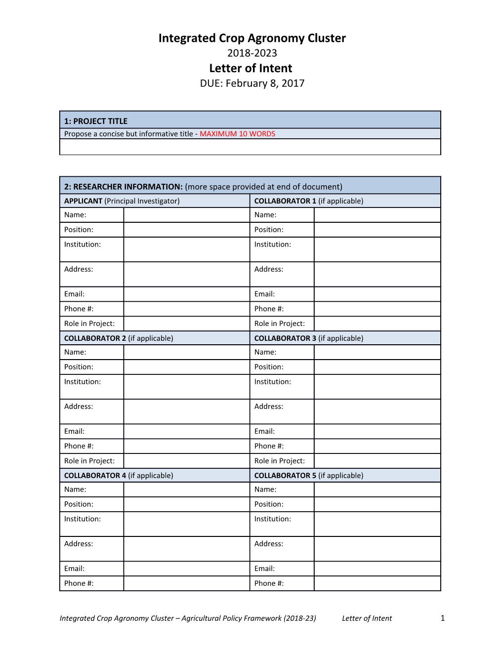 Integrated Crop Agronomy Cluster 2018-2023 Letter of Intent