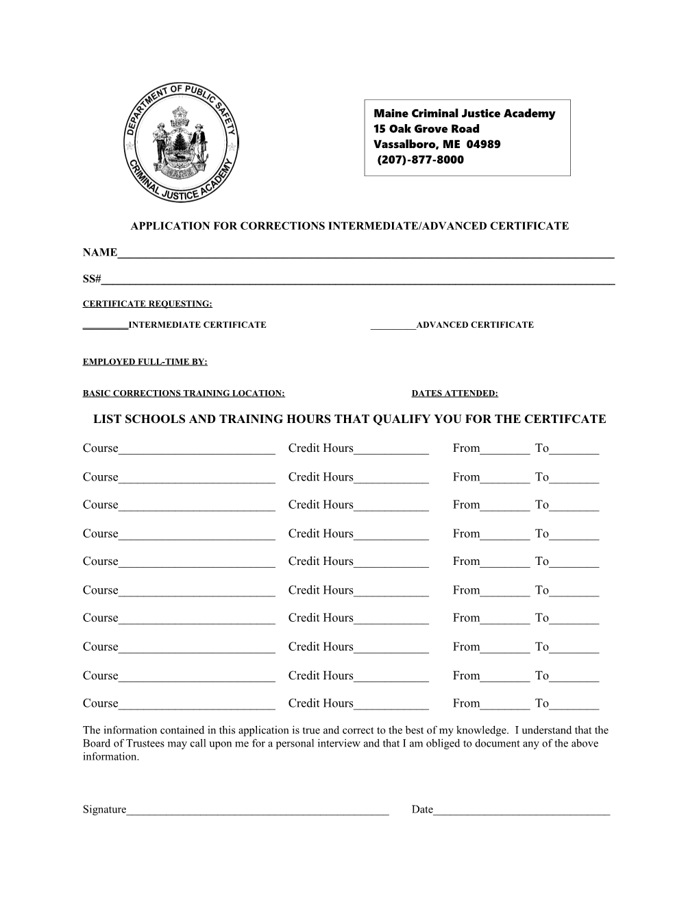 Application for Corrections Intermediate/Advanced Certificate