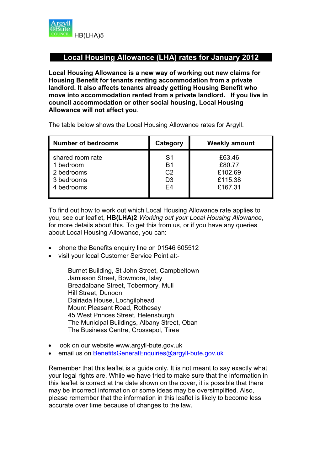 Local Housing Allowance (LHA) Rent Levels