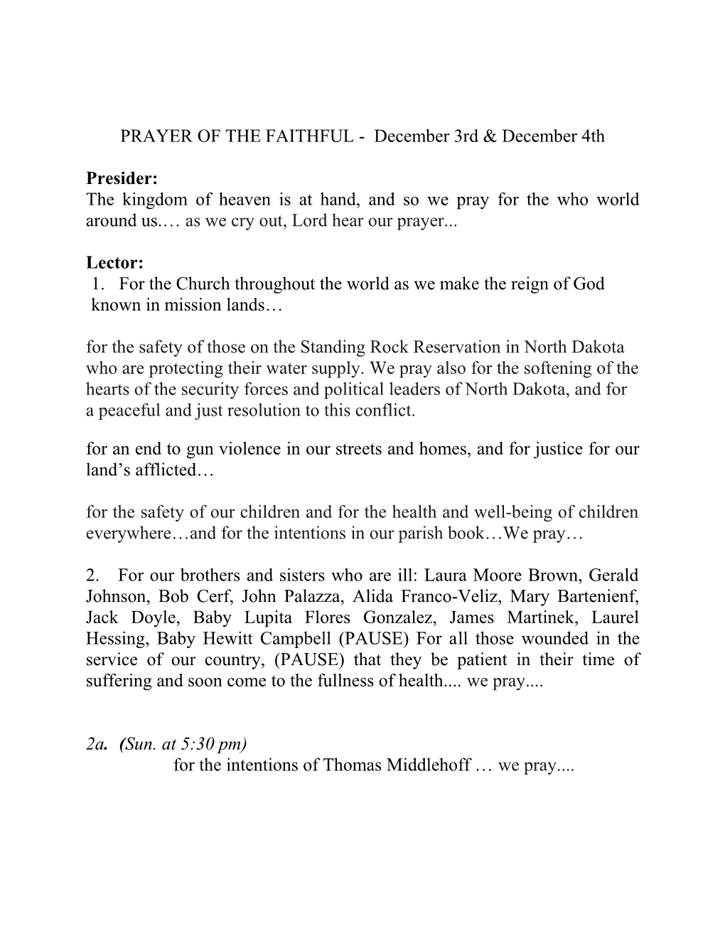 PRAYER of the FAITHFUL - December 3Rd & December 4Th