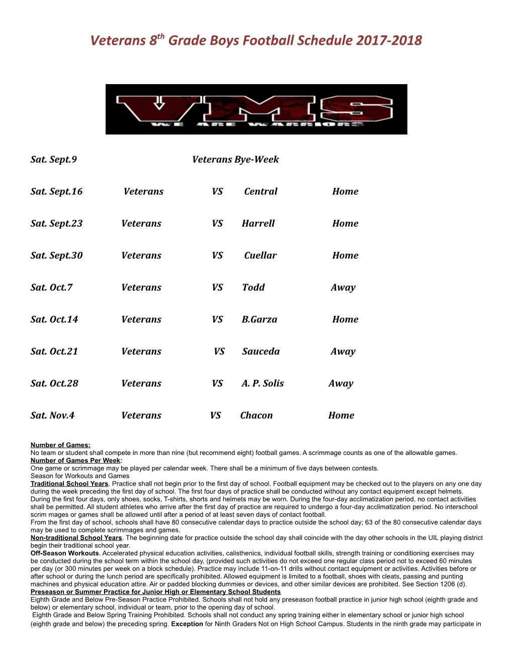 Veterans8thgrade Boys Football Schedule 2017-2018